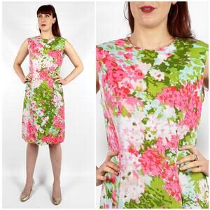 Vintage 1960s Springtime Floral Linen Sleeveless Shift Dress | R&K Originals | M